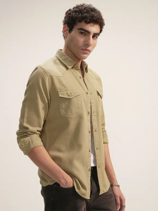 Highlander Men Khaki Self Design Slim Fit Casual Shirt
