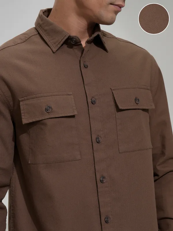 Highlander Men Brown Solid Relaxed Fit Casual Shirt