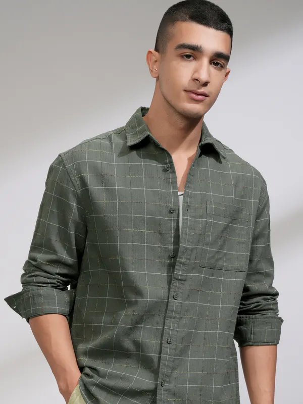 Highlander Men Olive Checked Relaxed Fit Casual Shirt