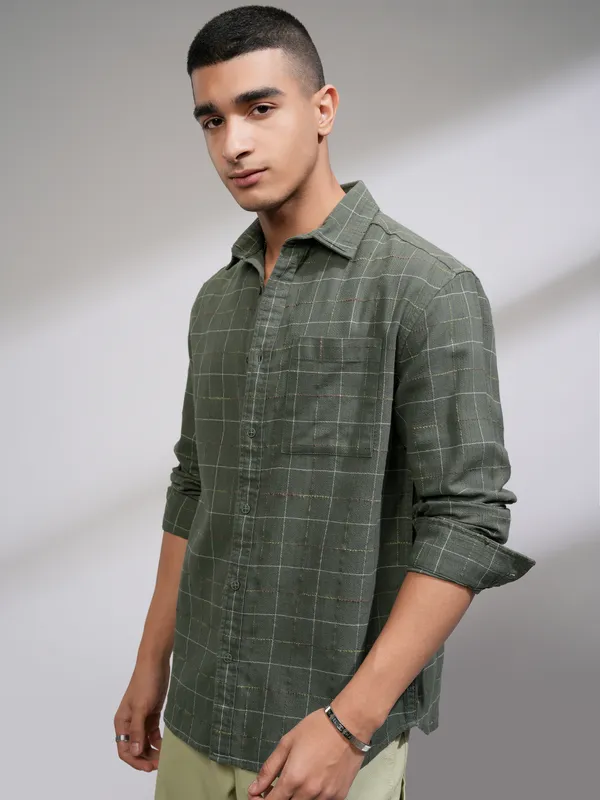 Highlander Men Olive Checked Relaxed Fit Casual Shirt