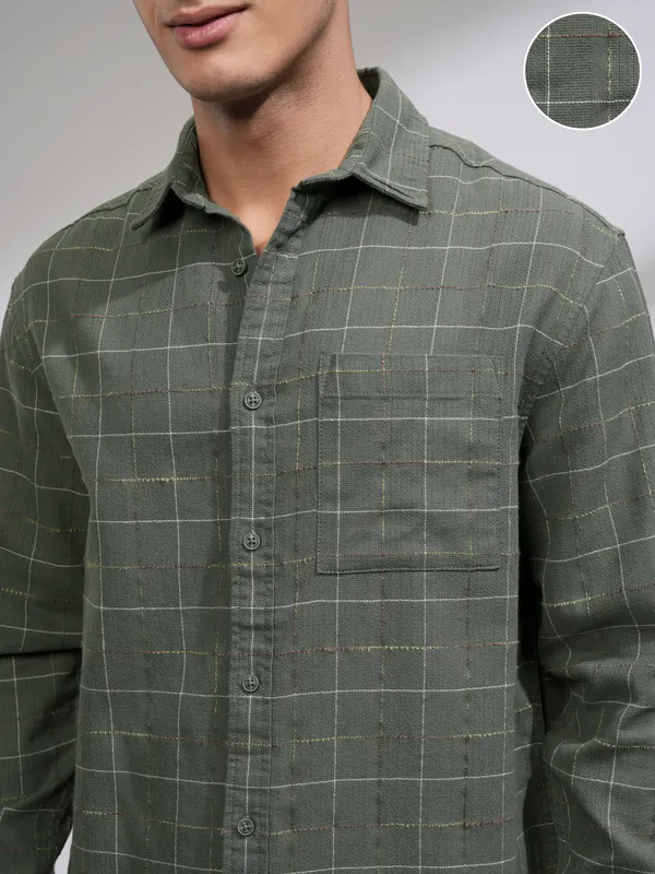 Highlander Men Olive Checked Relaxed Fit Casual Shirt
