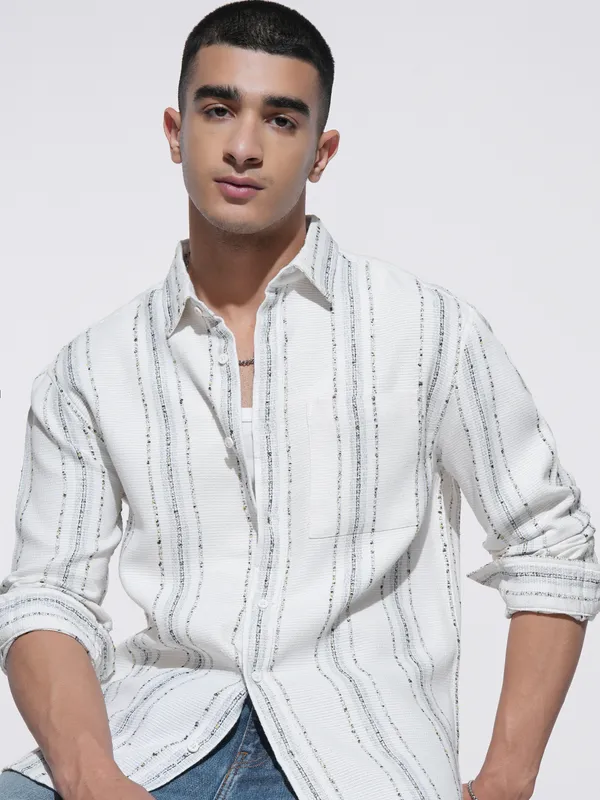 Highlander Men Cream Striped Relaxed Fit Casual Shirt