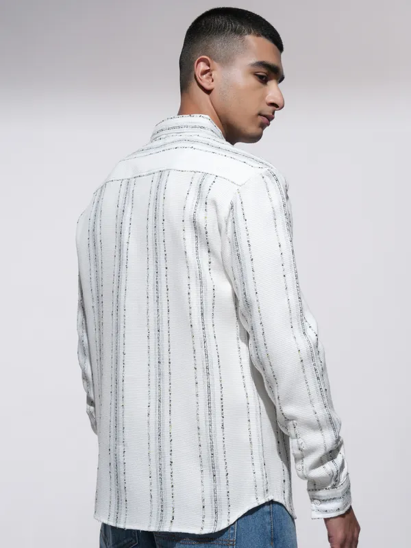 Highlander Men Cream Striped Relaxed Fit Casual Shirt