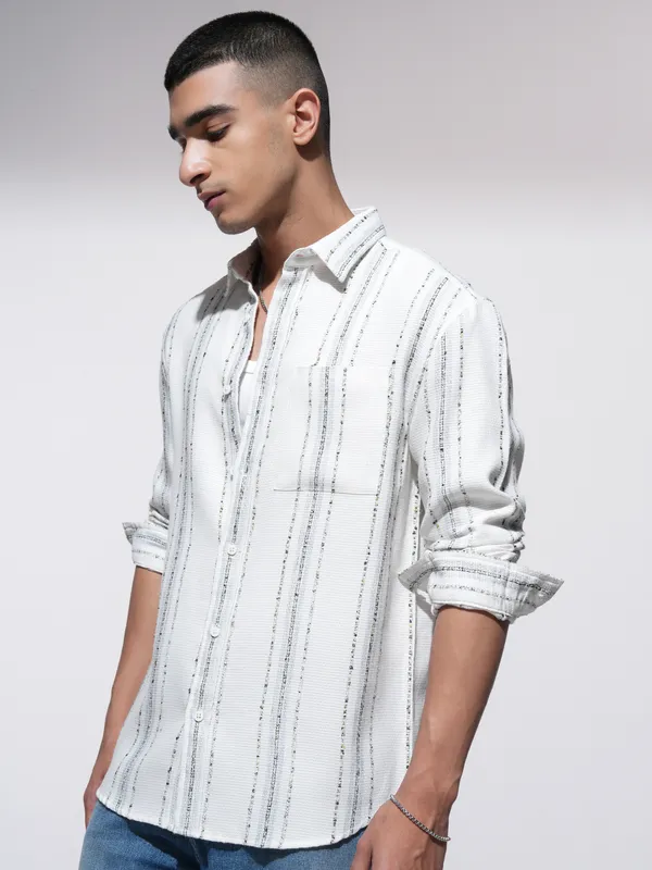 Highlander Men Cream Striped Relaxed Fit Casual Shirt