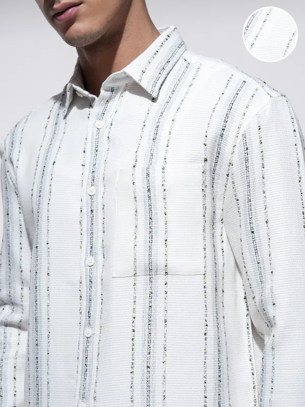 Highlander Men Cream Striped Relaxed Fit Casual Shirt