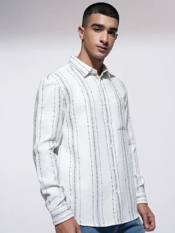 Highlander Men Cream Striped Relaxed Fit Casual Shirt