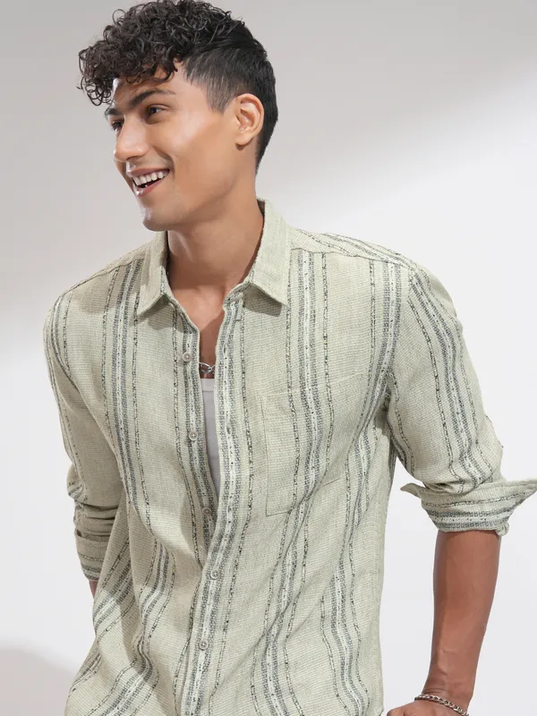 Highlander Men Olive Striped Relaxed Fit Casual Shirt