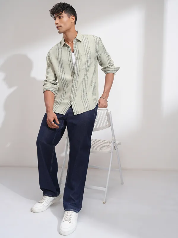 Highlander Men Olive Striped Relaxed Fit Casual Shirt