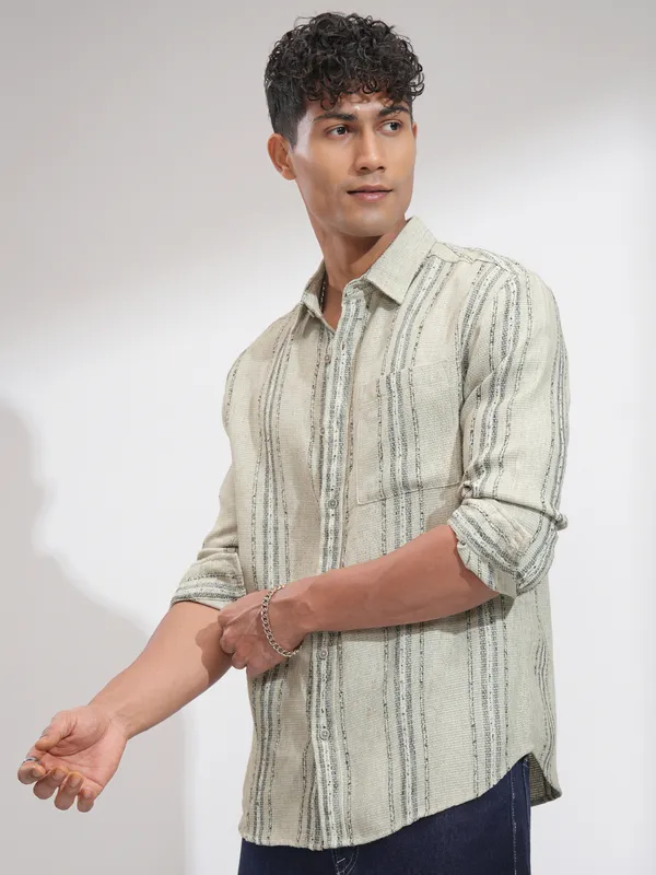 Highlander Men Olive Striped Relaxed Fit Casual Shirt