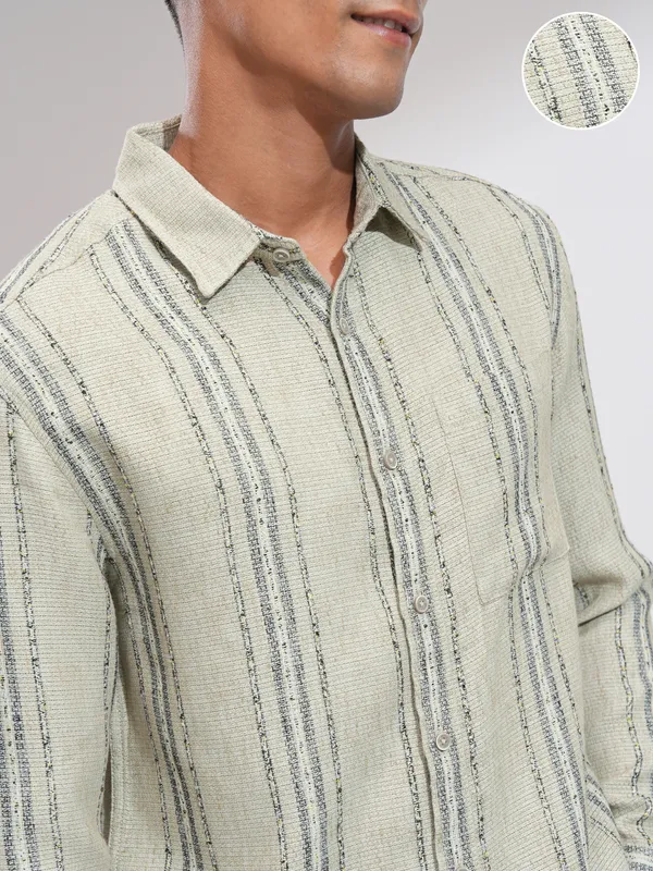 Highlander Men Olive Striped Relaxed Fit Casual Shirt