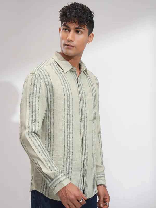 Highlander Men Olive Striped Relaxed Fit Casual Shirt