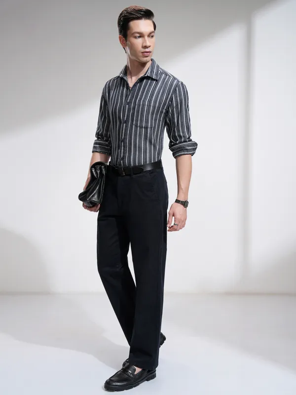 Highlander Men Navy Blue Striped Relaxed Fit Casual Shirt