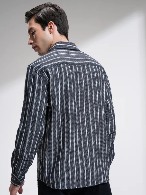 Highlander Men Navy Blue Striped Relaxed Fit Casual Shirt