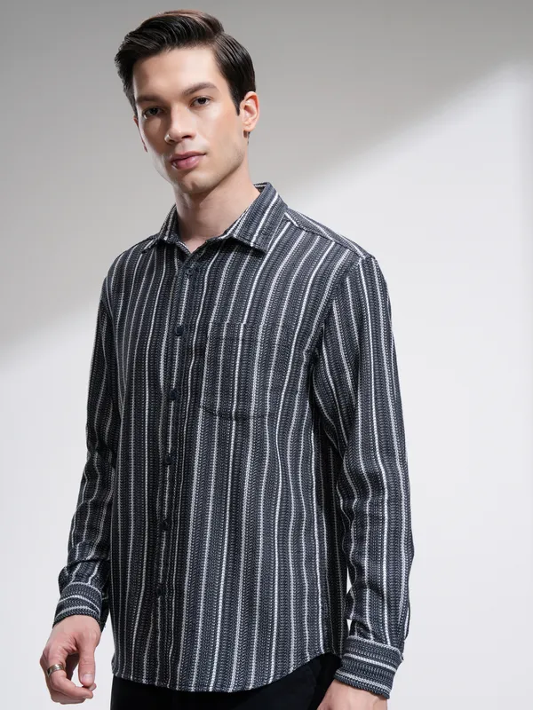 Highlander Men Navy Blue Striped Relaxed Fit Casual Shirt