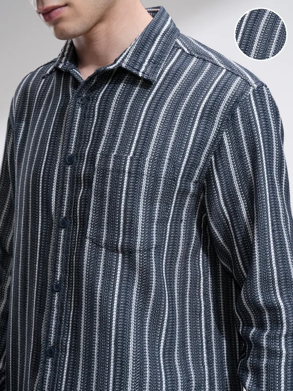 Highlander Men Navy Blue Striped Relaxed Fit Casual Shirt