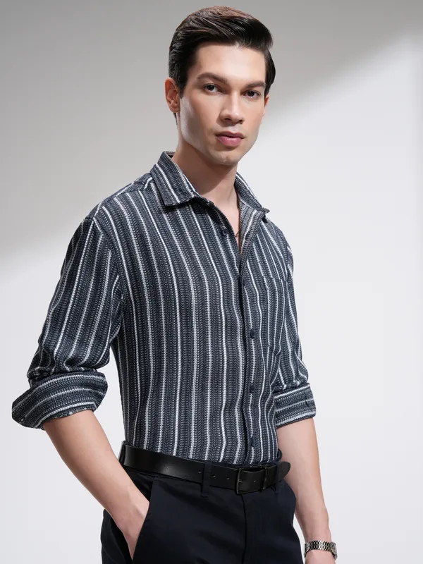 Highlander Men Navy Blue Striped Relaxed Fit Casual Shirt