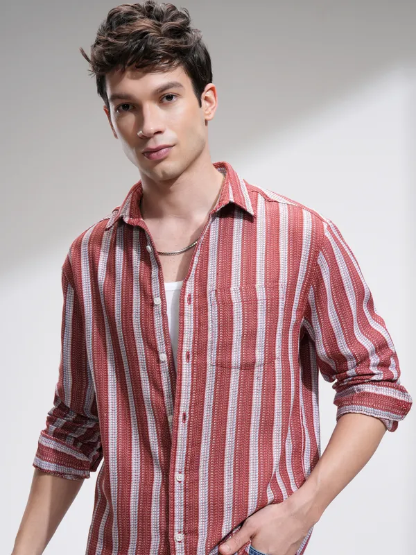 Highlander Men Red Striped Relaxed Fit Casual Shirt