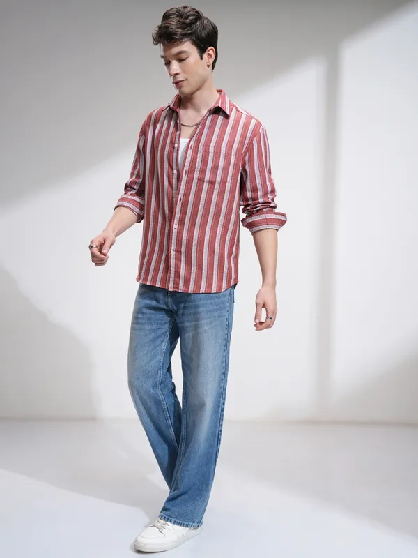 Highlander Men Red Striped Relaxed Fit Casual Shirt