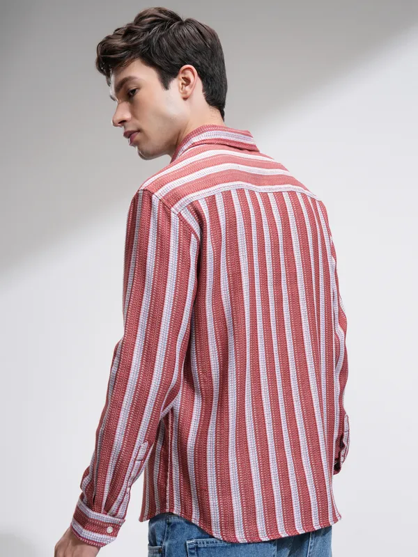 Highlander Men Red Striped Relaxed Fit Casual Shirt