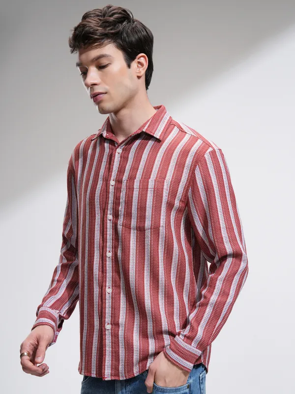 Highlander Men Red Striped Relaxed Fit Casual Shirt