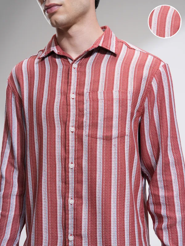 Highlander Men Red Striped Relaxed Fit Casual Shirt
