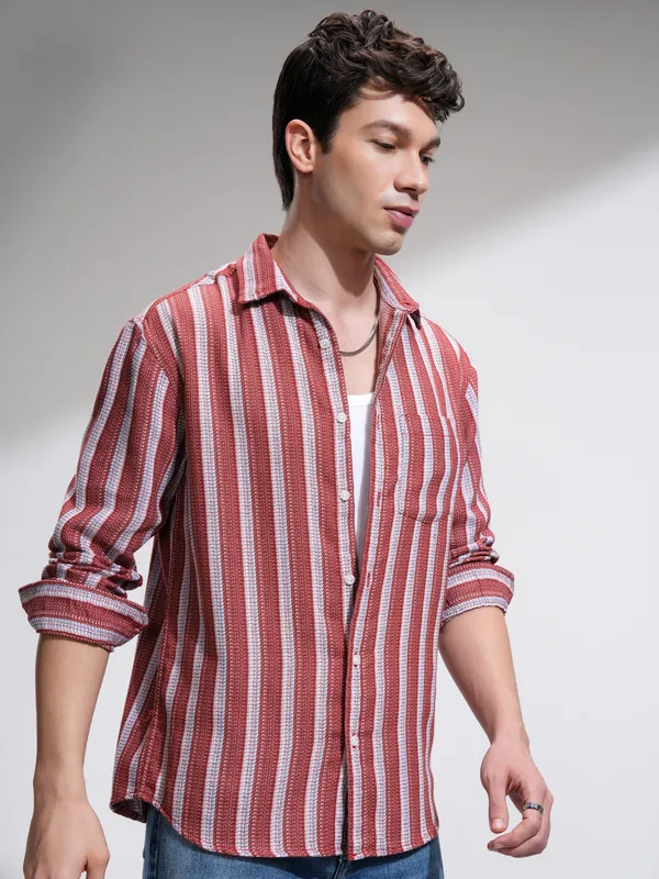 Highlander Men Red Striped Relaxed Fit Casual Shirt