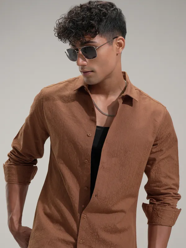 Highlander Men Rust Self Design Slim Fit Casual Shirt