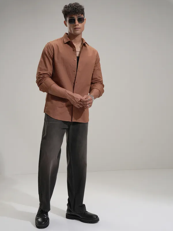 Highlander Men Rust Self Design Slim Fit Casual Shirt