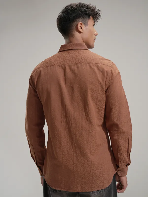 Highlander Men Rust Self Design Slim Fit Casual Shirt
