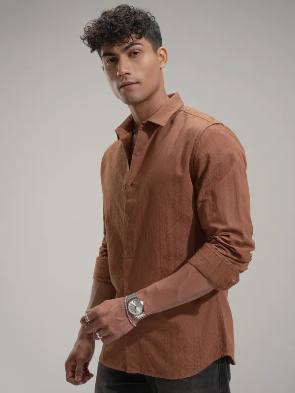 Highlander Men Rust Self Design Slim Fit Casual Shirt