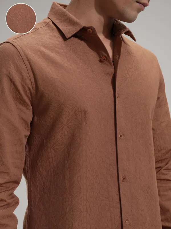 Highlander Men Rust Self Design Slim Fit Casual Shirt