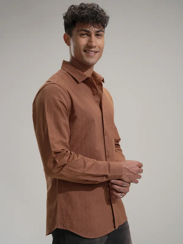 Highlander Men Rust Self Design Slim Fit Casual Shirt
