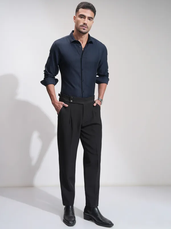 Highlander Men Navy Blue Striped Slim Fit Casual Shirt