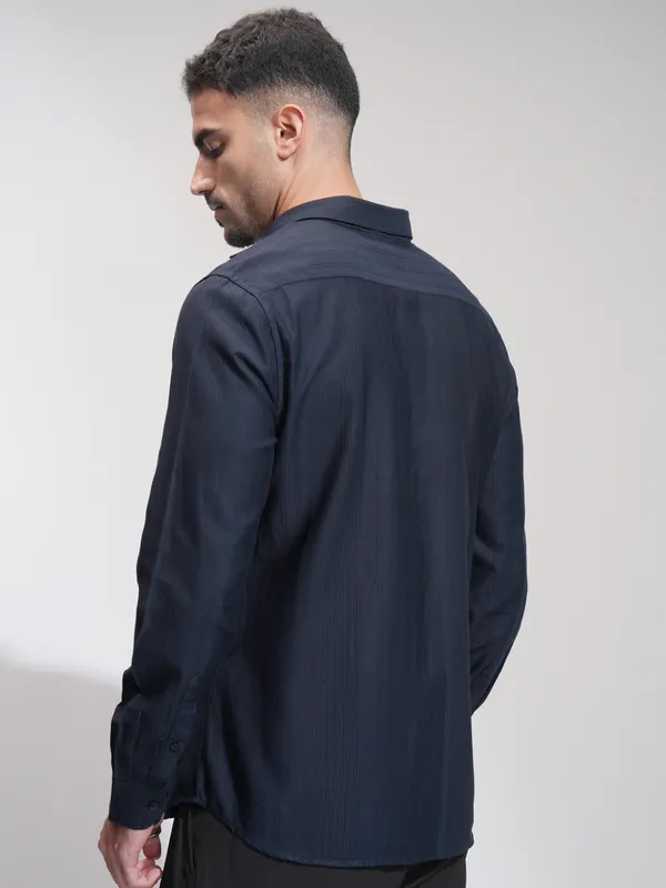 Highlander Men Navy Blue Striped Slim Fit Casual Shirt