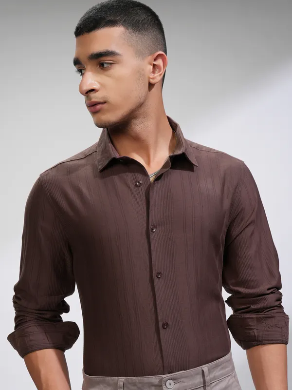 Highlander Men Brown Striped Slim Fit Casual Shirt