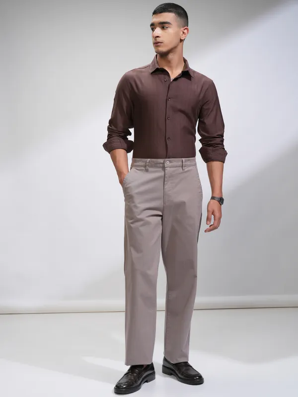 Highlander Men Brown Striped Slim Fit Casual Shirt