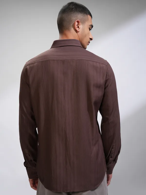 Highlander Men Brown Striped Slim Fit Casual Shirt