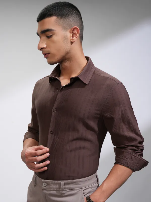 Highlander Men Brown Striped Slim Fit Casual Shirt