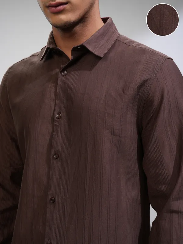 Highlander Men Brown Striped Slim Fit Casual Shirt