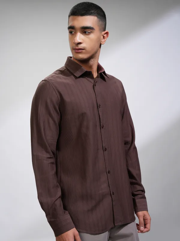 Highlander Men Brown Striped Slim Fit Casual Shirt