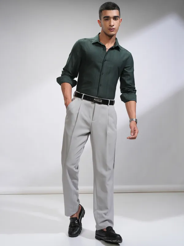 Highlander Men Green Striped Slim Fit Casual Shirt