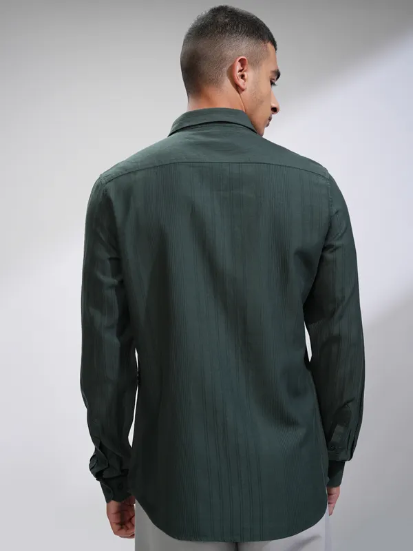 Highlander Men Green Striped Slim Fit Casual Shirt
