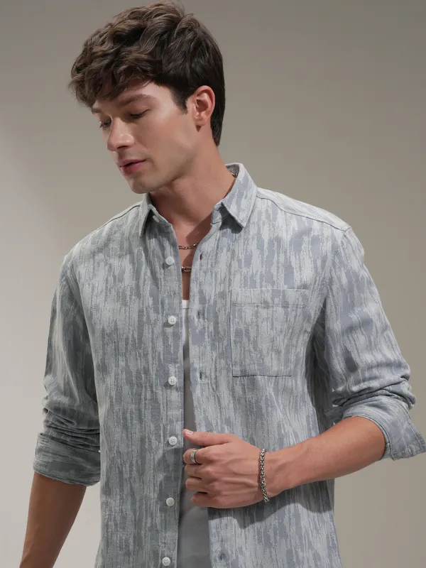 Highlander Men Blue Self Design Relaxed Fit Casual Shirt