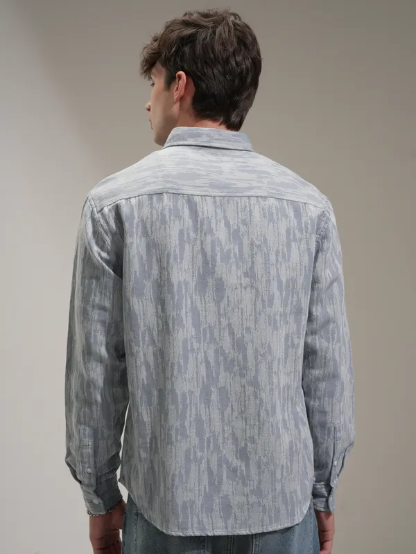 Highlander Men Blue Self Design Relaxed Fit Casual Shirt