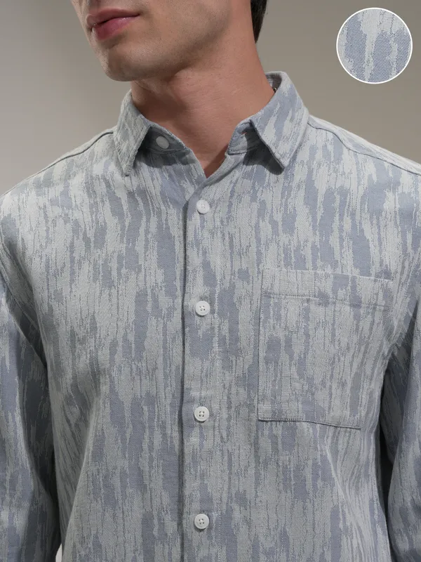 Highlander Men Blue Self Design Relaxed Fit Casual Shirt