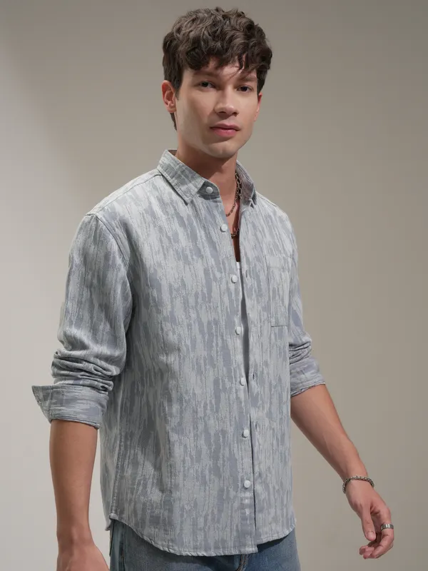 Highlander Men Blue Self Design Relaxed Fit Casual Shirt