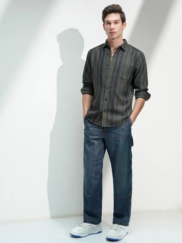 Highlander Men Olive Striped Slim Fit Casual Shirt