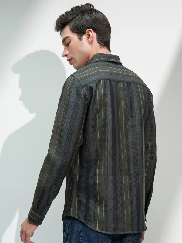 Highlander Men Olive Striped Slim Fit Casual Shirt