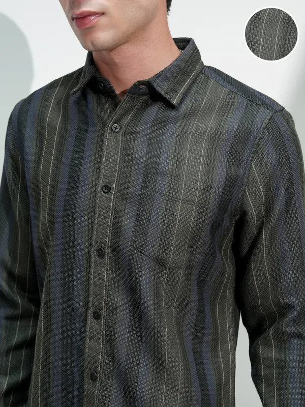 Highlander Men Olive Striped Slim Fit Casual Shirt