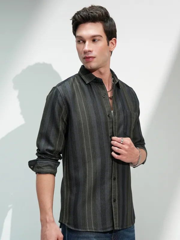 Highlander Men Olive Striped Slim Fit Casual Shirt